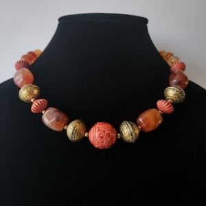 Orange Gold Tone Large Beaded Choker Necklace